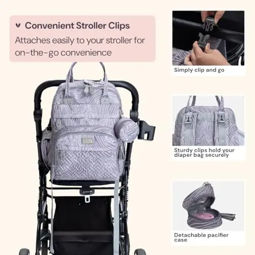 BabbleRoo Diaper Bag Backpack - Baby Essentials Travel Tote - Multi Function Water Resistant Diaper Bag, Travel Essentials Baby Bag with Changing Pad, Stroller Straps & Pacifier Case - Grey Swirls - 5