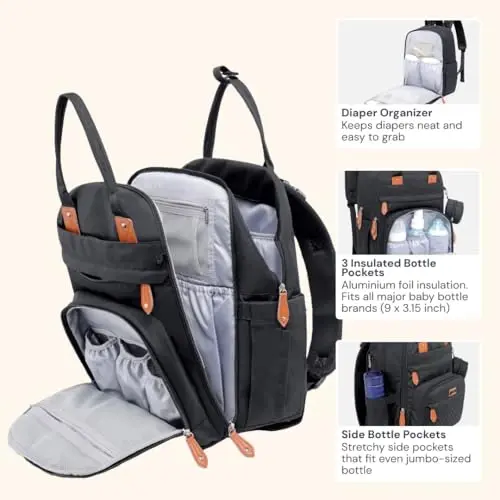 BabbleRoo Diaper Bag Backpack - Baby Essentials Travel Tote - Multi Function Waterproof Diaper Bag, Travel Essentials Baby Bag with Changing Pad, Stroller Straps & Pacifier Case - Unisex, Black - 3