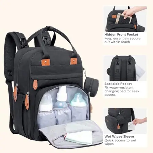 BabbleRoo Diaper Bag Backpack - Baby Essentials Travel Tote - Multi Function Waterproof Diaper Bag, Travel Essentials Baby Bag with Changing Pad, Stroller Straps & Pacifier Case - Unisex, Black - 4