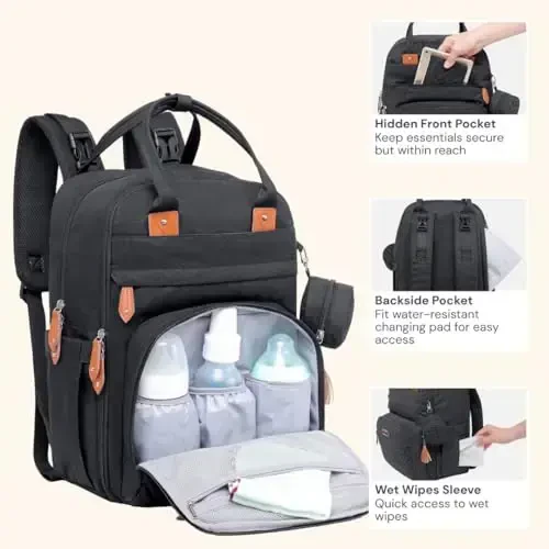 BabbleRoo Diaper Bag Backpack - Baby Essentials Travel Tote - Multi Function Water Resistant Diaper Bag, Travel Essentials Baby Bag with Changing Pad, Stroller Straps & Pacifier Case - Unisex, Black - 4