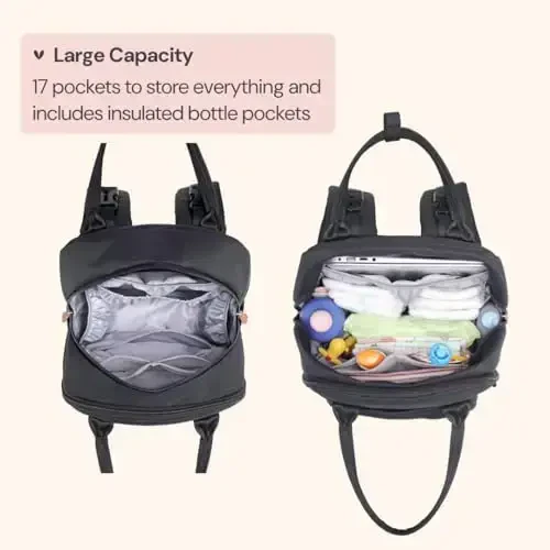 BabbleRoo Diaper Bag Backpack - Baby Essentials Travel Tote - Multi Function Waterproof Diaper Bag, Travel Essentials Baby Bag with Changing Pad, Stroller Straps & Pacifier Case - Unisex, Black - 1