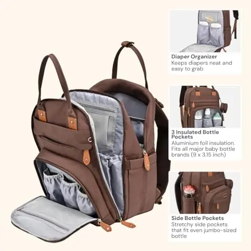 BabbleRoo Diaper Bag Backpack - Baby Essentials Travel Tote - Multi Function Water Resistant Diaper Bag, Travel Essentials Baby Bag with Changing Pad, Stroller Straps & Pacifier Case - Unisex, Brown - 3