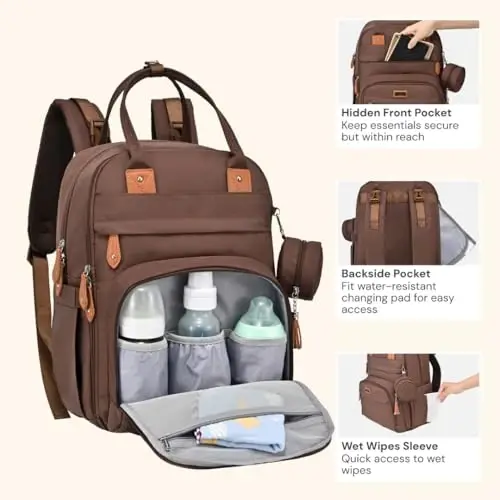 BabbleRoo Diaper Bag Backpack - Baby Essentials Travel Tote - Multi Function Water Resistant Diaper Bag, Travel Essentials Baby Bag with Changing Pad, Stroller Straps & Pacifier Case - Unisex, Brown - 4