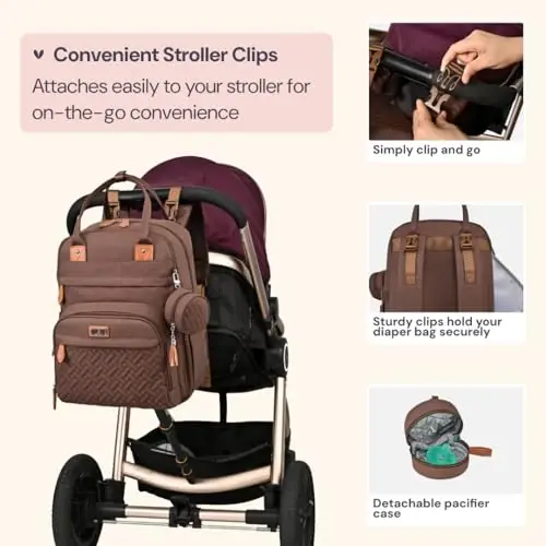 BabbleRoo Diaper Bag Backpack - Baby Essentials Travel Tote - Multi Function Water Resistant Diaper Bag, Travel Essentials Baby Bag with Changing Pad, Stroller Straps & Pacifier Case - Unisex, Brown - 5
