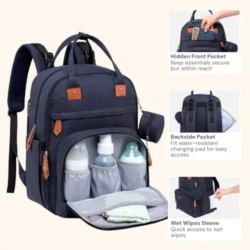 BabbleRoo Bebek Bezi Çantası Sırt Çantası - Bebek Temel Seyahat Çantası - Çok Fonksiyonlu Su Geçirmez Bebek Bezi Çantası, Alt Değiştirme Minderi, Bebek Arabası Kayışları ve Emzik Kutusu ile Seyahat Temel Bebek Çantası - Unisex, Lacivert - 4