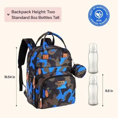 BabbleRoo Diaper Bag Backpack - Baby Essentials Travel Tote - Multi function Waterproof Diaper Bag, Travel Essentials Baby Bag with Changing Pad, Stroller Straps & Pacifier Case - Unisex, Blue Camo - 6