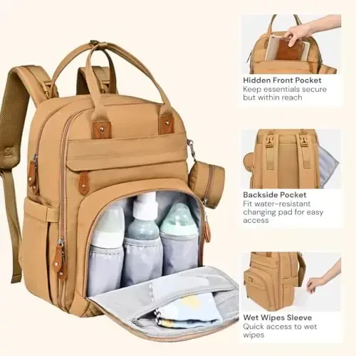 BabbleRoo Diaper Bag Backpack - Baby Essentials Travel Tote - Multi function Water Resistant Diaper Bag, Travel Essentials Baby Bag with Changing Pad, Stroller Straps & Pacifier Case - Unisex, Beige - 4