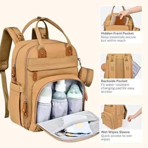BabbleRoo Diaper Bag Backpack - Baby Essentials Travel Tote - Multi function Waterproof Diaper Bag, Travel Essentials Baby Bag with Changing Pad, Stroller Straps & Pacifier Case - Unisex, Beige - 4