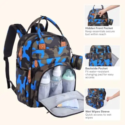 BabbleRoo Diaper Bag Backpack - Baby Essentials Travel Tote - Multi function Waterproof Diaper Bag, Travel Essentials Baby Bag with Changing Pad, Stroller Straps & Pacifier Case - Unisex, Blue Camo - 3