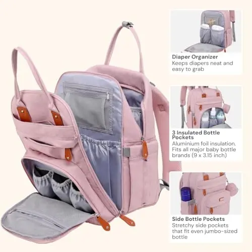 BabbleRoo Diaper Bag Backpack - Baby Essentials Travel Tote - Multi function Water Resistant Diaper Bag, Travel Essentials Baby Bag with Changing Pad, Stroller Straps & Pacifier Case - Unisex, Pink - 3