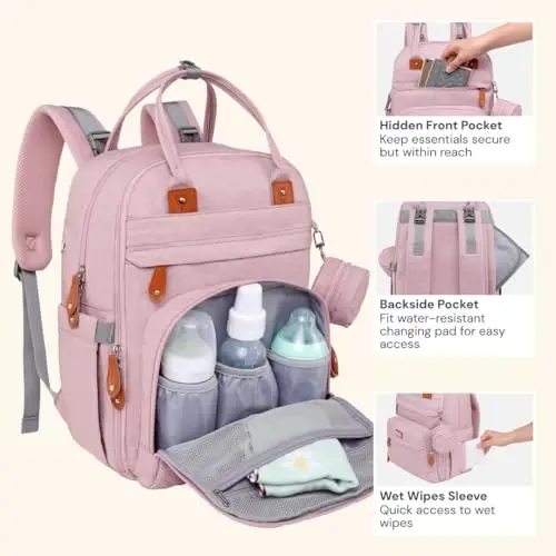 BabbleRoo Diaper Bag Backpack - Baby Essentials Travel Tote - Multi function Water Resistant Diaper Bag, Travel Essentials Baby Bag with Changing Pad, Stroller Straps & Pacifier Case - Unisex, Pink - 4