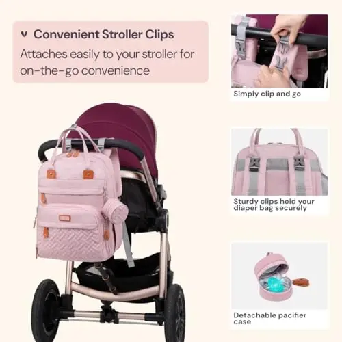 BabbleRoo Diaper Bag Backpack - Baby Essentials Travel Tote - Multi function Water Resistant Diaper Bag, Travel Essentials Baby Bag with Changing Pad, Stroller Straps & Pacifier Case - Unisex, Pink - 5