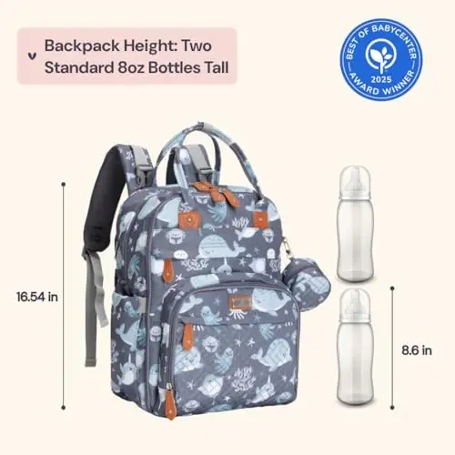 BabbleRoo Diaper Bag Backpack - Baby Essentials Travel Tote - Multi Function Water Resistant Diaper Bag, Travel Essentials Baby Bag with Changing Pad, Stroller Straps & Pacifier Case - Sea Animals - 6