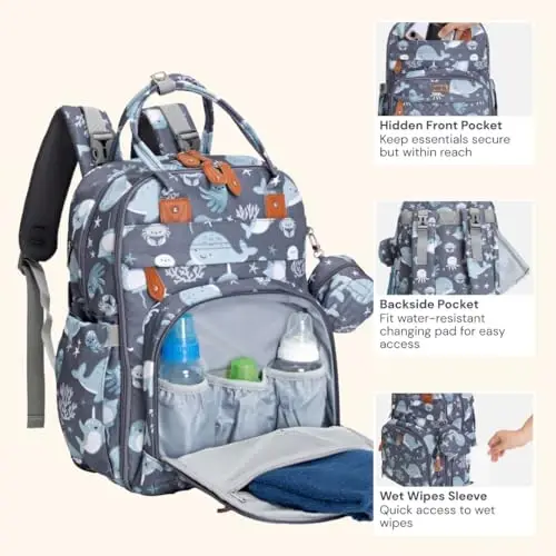 BabbleRoo Diaper Bag Backpack - Baby Essentials Travel Tote - Multi Function Waterproof Diaper Bag, Travel Essentials Baby Bag with Changing Pad, Stroller Straps & Pacifier Case - Unisex, Sea Animals - 4