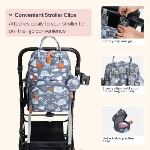 BabbleRoo Diaper Bag Backpack - Baby Essentials Travel Tote - Multi Function Waterproof Diaper Bag, Travel Essentials Baby Bag with Changing Pad, Stroller Straps & Pacifier Case - Unisex, Sea Animals - 5