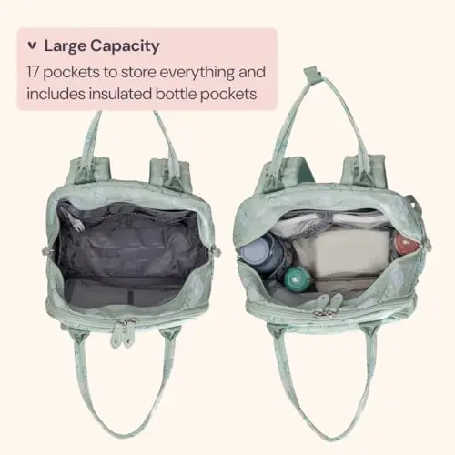 BabbleRoo Diaper Bag Backpack - Baby Essentials Travel Tote - Multi Function Water Resistant Diaper Bag, Travel Essentials Baby Bag with Changing Pad, Stroller Straps & Pacifier Case - Green Birdy - BABBLEROO (1)