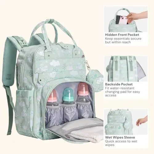 BabbleRoo Diaper Bag Backpack - Baby Essentials Travel Tote - Multi Function Water Resistant Diaper Bag, Travel Essentials Baby Bag with Changing Pad, Stroller Straps & Pacifier Case - Green Birdy - 4