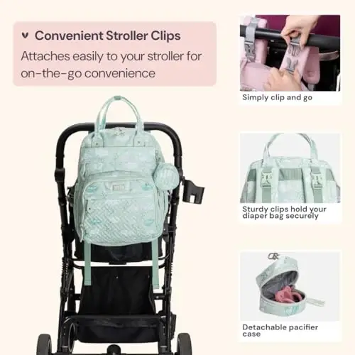 BabbleRoo Bebek Bezi Çantası Sırt Çantası - Bebek Temel Seyahat Çantası - Çok Fonksiyonlu Su Geçirmez Bebek Bezi Çantası, Değiştirme Pedi, Bebek Arabası Kayışları ve Emzik Kutusu ile Seyahat Temel Bebek Çantası - Yeşil Kuşlu - BABBLEROO (1)