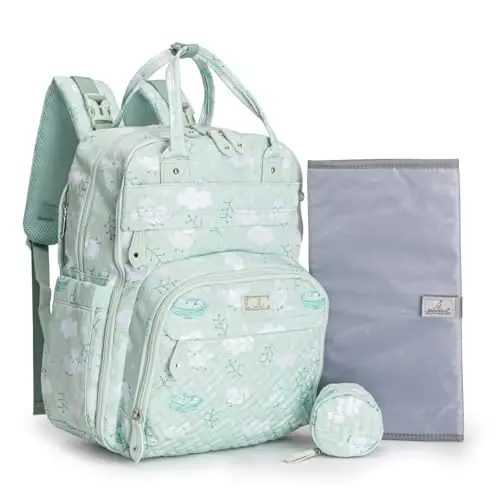 BabbleRoo Diaper Bag Backpack - Baby Essentials Travel Tote - Multi Function Water Resistant Diaper Bag, Travel Essentials Baby Bag with Changing Pad, Stroller Straps & Pacifier Case - Green Birdy - 2