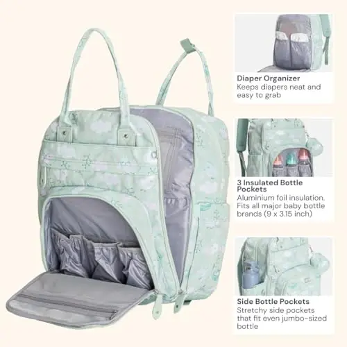 BabbleRoo Diaper Bag Backpack - Baby Essentials Travel Tote - Multi Function Water Resistant Diaper Bag, Travel Essentials Baby Bag with Changing Pad, Stroller Straps & Pacifier Case - Green Birdy - 3
