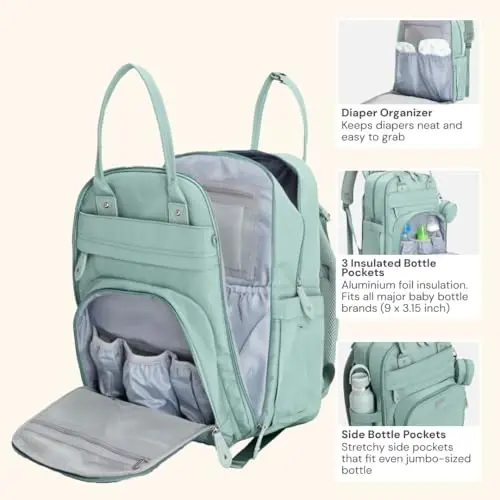 BabbleRoo Diaper Bag Backpack - Baby Essentials Travel Bag - Multi Function Waterproof Diaper Bag, Travel Essentials Baby Bag with Changing Pad, Stroller Straps & Pacifier Case – Unisex, Sage Green - 4