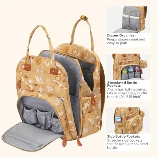 BabbleRoo Diaper Bag Backpack - Baby Essentials Travel Tote - Multi Function Water Resistant Diaper Bag, Travel Essentials Baby Bag with Changing Pad, Stroller Straps & Pacifier Case - Unisex, Safari - 3