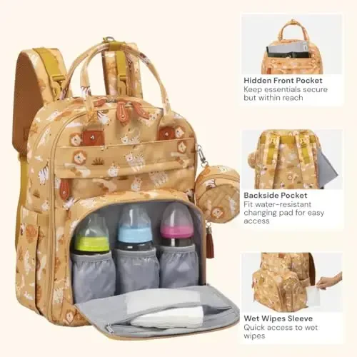 BabbleRoo Diaper Bag Backpack - Baby Essentials Travel Tote - Multi Function Water Resistant Diaper Bag, Travel Essentials Baby Bag with Changing Pad, Stroller Straps & Pacifier Case - Unisex, Safari - 4