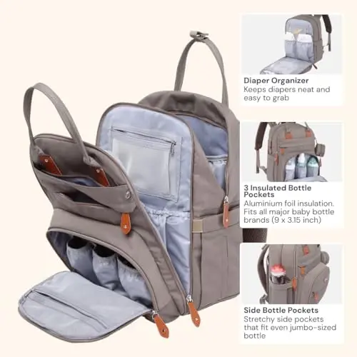 BabbleRoo Diaper Bag Backpack - Baby Essentials Travel Tote - Multi Function Water Resistant Diaper Bag, Travel Essentials Baby Bag with Changing Pad, Stroller Straps & Pacifier Case - Unisex, Khaki - 3