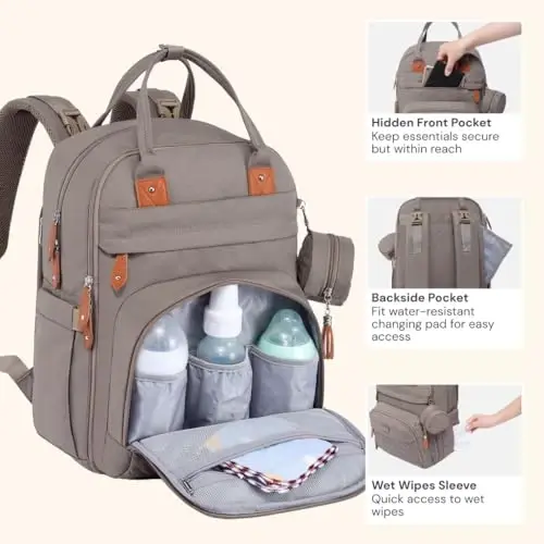 BabbleRoo Diaper Bag Backpack - Baby Essentials Travel Tote - Multi Function Water Resistant Diaper Bag, Travel Essentials Baby Bag with Changing Pad, Stroller Straps & Pacifier Case - Unisex, Khaki - 4