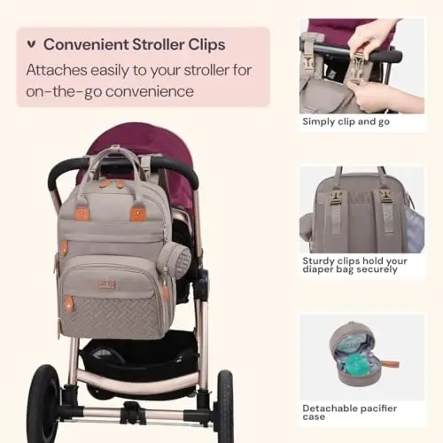 BabbleRoo Diaper Bag Backpack - Baby Essentials Travel Tote - Multi Function Water Resistant Diaper Bag, Travel Essentials Baby Bag with Changing Pad, Stroller Straps & Pacifier Case - Unisex, Khaki - 5