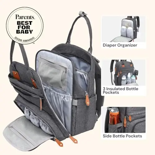 BabbleRoo Bebek Bezi Çantası Sırt Çantası - Çok Fonksiyonlu Su Geçirmez Bebek Bezi Çantası, Seyahat Essentials Bebek Çantası Değiştirme Minderi, Bebek Arabası Askıları ve Emzik Kutusu - Unisex, Koyu Gri - BABBLEROO (1)
