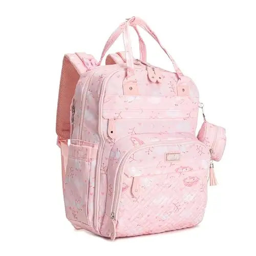 BabbleRoo Bebek Bezi Sırt Çantası - Bebek Gereçleri, Seyahat Gereçleri Alt Değiştirme Minderli Bebek Çantası, Bebek Arabası Askıları ve Emzik Kutusu - Unisex, Pembe Kuş - 1