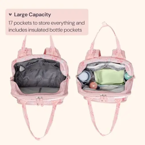 BabbleRoo Bebek Bezi Sırt Çantası - Bebek Gereçleri, Seyahat Gereçleri Alt Değiştirme Minderli Bebek Çantası, Bebek Arabası Askıları ve Emzik Kutusu - Unisex, Pembe Kuş - 2
