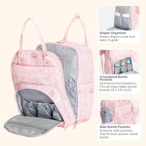 BabbleRoo Bebek Bezi Sırt Çantası - Bebek Gereçleri, Seyahat Gereçleri Alt Değiştirme Minderli Bebek Çantası, Bebek Arabası Askıları ve Emzik Kutusu - Unisex, Pembe Kuş - 3