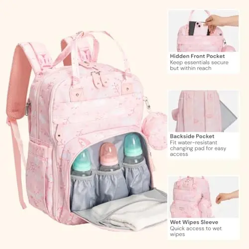 BabbleRoo Bebek Bezi Sırt Çantası - Bebek Gereçleri, Seyahat Gereçleri Alt Değiştirme Minderli Bebek Çantası, Bebek Arabası Askıları ve Emzik Kutusu - Unisex, Pembe Kuş - 4