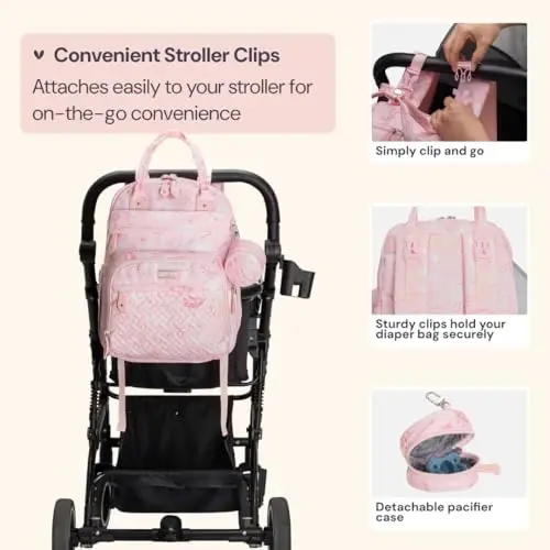 BabbleRoo Bebek Bezi Sırt Çantası - Bebek Gereçleri, Seyahat Gereçleri Alt Değiştirme Minderli Bebek Çantası, Bebek Arabası Askıları ve Emzik Kutusu - Unisex, Pembe Kuş - 5