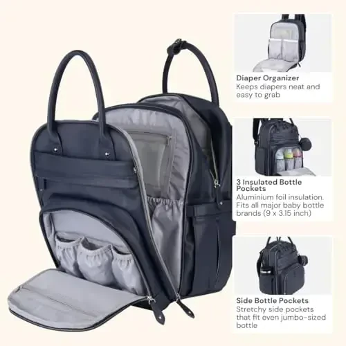 BabbleRoo Charm кожа портфели - Болалар керак саёҳат болалар сумкаси, кўп функцияли, ўзгартириш панели, арава тасмалари ва тинчлантиргич билан – Unisex, Midnight Blue - 3