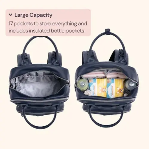 BabbleRoo Deri Bebek Bezi Çantası Sırt Çantası - Bebek Temel Seyahat Bebek Çantası, Çok fonksiyonlu, Alt Değiştirme Minderi, Bebek Arabası Kayışları ve Emzik Kutusu – Unisex, Gece Yarısı Mavisi - 2