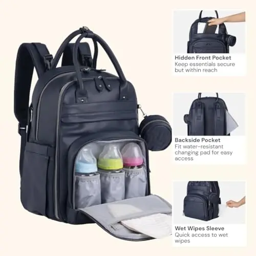 BabbleRoo Deri Bebek Bezi Çantası Sırt Çantası - Bebek Temel Seyahat Bebek Çantası, Çok fonksiyonlu, Alt Değiştirme Minderi, Bebek Arabası Kayışları ve Emzik Kutusu – Unisex, Gece Yarısı Mavisi - 4