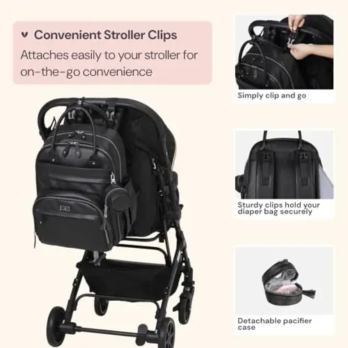 BabbleRoo Deri Bebek Bezi Çantası Sırt Çantası - Bebek Temel Seyahat Bebek Çantası, Çok fonksiyonlu, Alt Değiştirme Pedi, Bebek Arabası Askıları ve Emzik Kutusu – Unisex, Siyah - 4