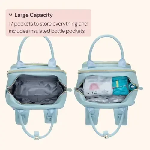 BabbleRoo Leather Diaper Bag Backpack - Baby Essentials Travel Baby Bag, Multi function, Water Resistant, with Changing Pad, Stroller Straps & Pacifier Case – Unisex, Powder Blue 
