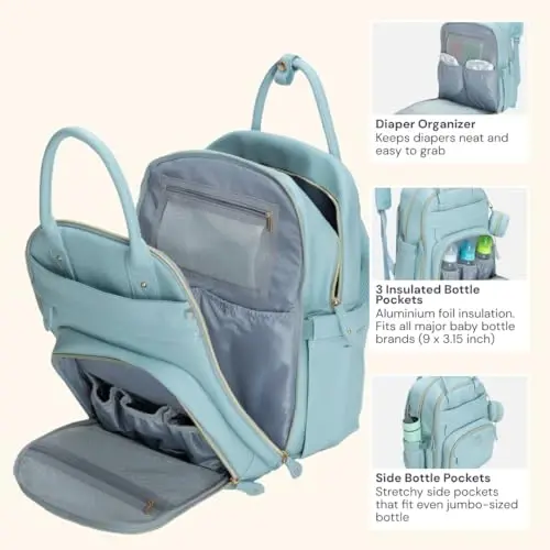 BabbleRoo Leather Diaper Bag Backpack - Baby Essentials Travel Baby Bag, Multi function, Water Resistant, with Changing Pad, Stroller Straps & Pacifier Case – Unisex, Powder Blue - 3