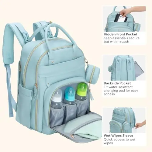BabbleRoo Leather Diaper Bag Backpack - Baby Essentials Travel Baby Bag, Multi function, Water Resistant, with Changing Pad, Stroller Straps & Pacifier Case – Unisex, Powder Blue - 4