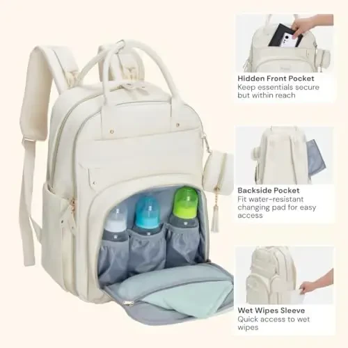 BabbleRoo Leather Diaper Bag Backpack - Baby Essentials Travel Baby Bag, Multi function, Water Resistant, with Changing Pad, Stroller Straps & Pacifier Case – Unisex, Eggshell White - 4