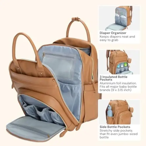 BabbleRoo Deri Bebek Bezi Sırt Çantası - Bebek Temel Seyahat Bebek Çantası, Çok fonksiyonlu, Su geçirmez, Alt Değiştirme Pedi, Bebek Arabası Kayışları ve Emzik Kutusu – Unisex, Açık Kahverengi - 3