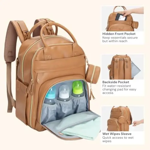 BabbleRoo Deri Bebek Bezi Sırt Çantası - Bebek Temel Seyahat Bebek Çantası, Çok fonksiyonlu, Su geçirmez, Alt Değiştirme Pedi, Bebek Arabası Kayışları ve Emzik Kutusu – Unisex, Açık Kahverengi - 4