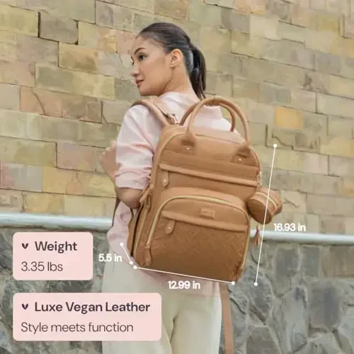 BabbleRoo Leather Diaper Bag Backpack - Baby Essentials Travel Baby Bag, Multi function, Water Resistant, with Changing Pad, Stroller Straps & Pacifier Case – Unisex, Light Brown - 2