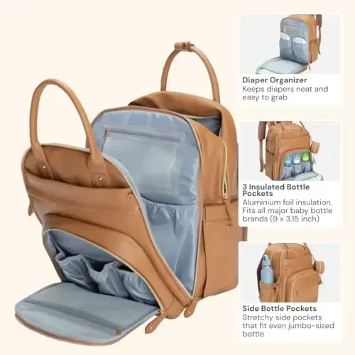 BabbleRoo Leather Diaper Bag Backpack - Baby Essentials Travel Baby Bag, Multi function, Water Resistant, with Changing Pad, Stroller Straps & Pacifier Case – Unisex, Light Brown - 3