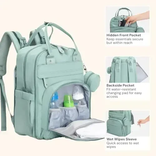 BabbleRoo Diaper Bag Backpack - Baby Essentials Travel Bag - Multi Function Waterproof Diaper Bag, Travel Essentials Baby Bag with Changing Pad, Stroller Straps & Pacifier Case – Unisex, Sage Green - 5