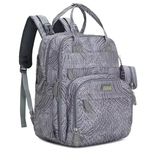 BabbleRoo Diaper Bag Backpack - Baby Essentials, Travel Essentials Baby Bag with Changing Pad, Stroller Straps & Pacifier Case - Unisex, Gray Swirls - Modazone